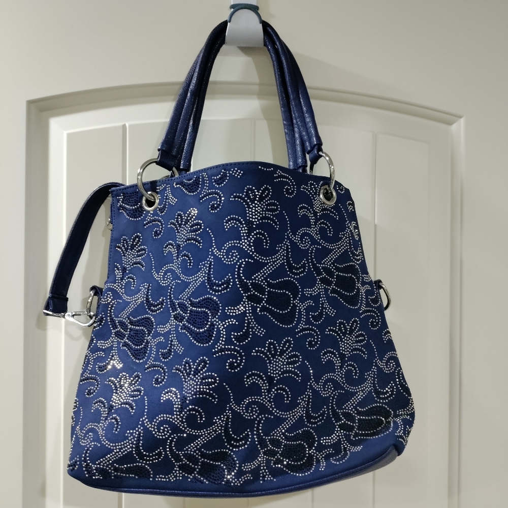 NWOT Indigo Leather & Rhinestone Floral Design Shoulder Bag